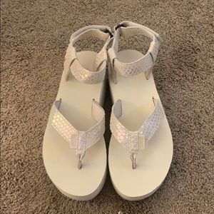 White Iridescent Snakeskin Platform Tevas